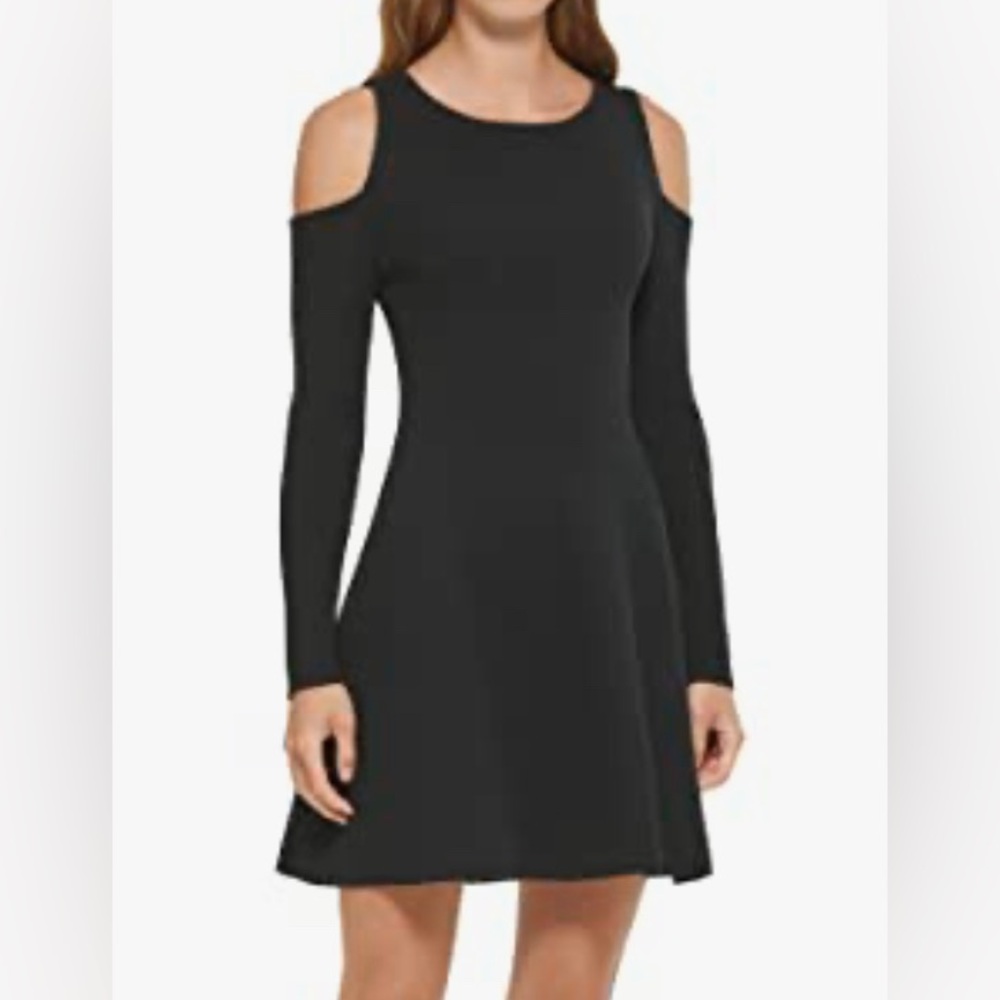 DKNY COLD SHOULDER FLARE SWEATSHIRT DRESS WOMENS RIBBED KNIT BLACK SIZE LARGE